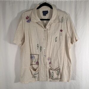 Willow Ridge Linen Blend Blouse Women's XL Petite Tan Button Up Short Sleeve